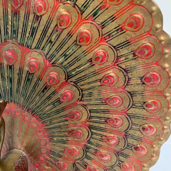 Vintage Indian Hand-Etched Red Green Enamel Brass Peacock Figurine 8" - Picture 4 of 12